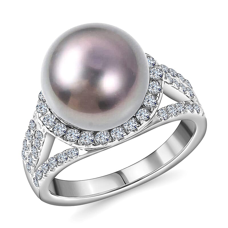 Tahitian Cultured Pearl Ring, White Zircon 1.35 ctw Accent Ring, Triple Split Shank Ring, Platinum Over Sterling Silver Ring, Pearl Jewelry