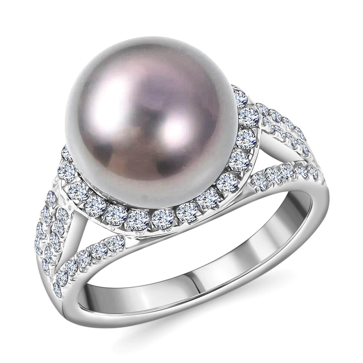Tahitian Cultured Pearl Ring, White Zircon Accent Ring, Triple Split Shank Ring, Platinum Over Sterling Silver Ring, Pearl Jewelry 1.35 ctw image number 0