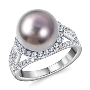 Tahitian Cultured Pearl Ring, White Zircon Accent Ring, Triple Split Shank Ring, Platinum Over Sterling Silver Ring, Pearl Jewelry 1.35 ctw (Size 10.0)