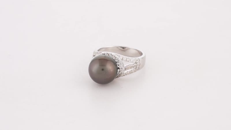 Tahitian Cultured Pearl and Natural White Zircon Triple Split Shank Ring in Platinum Over Sterling Silver 1.35 ctw