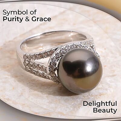 Tahitian Cultured Pearl Ring, White Zircon 1.35 ctw Accent Ring, Triple Split Shank Ring, Platinum Over Sterling Silver Ring, Pearl Jewelry