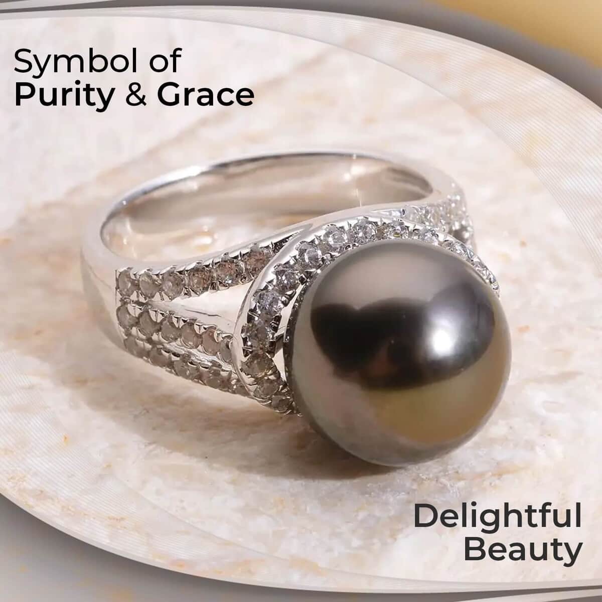 Tahitian Cultured Pearl Ring, White Zircon Accent Ring, Triple Split Shank Ring, Platinum Over Sterling Silver Ring, Pearl Jewelry 1.35 ctw image number 1