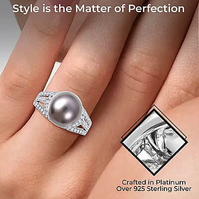 Tahitian Cultured Pearl Ring, White Zircon 1.35 ctw Accent Ring, Triple Split Shank Ring, Platinum Over Sterling Silver Ring, Pearl Jewelry