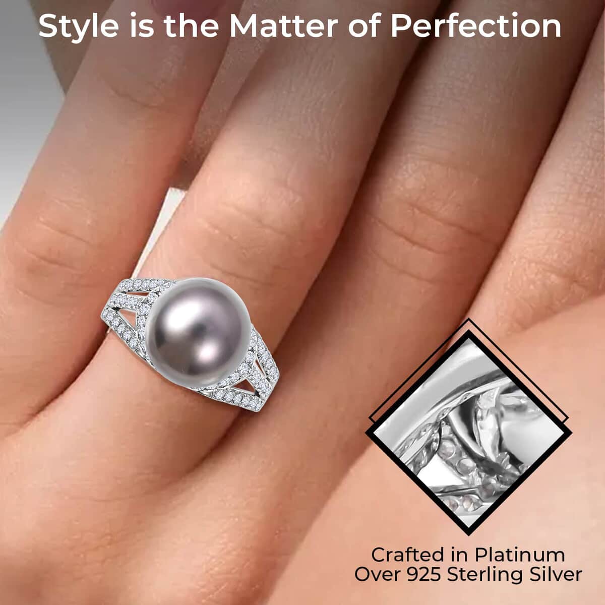 Tahitian Cultured Pearl Ring, White Zircon Accent Ring, Triple Split Shank Ring, Platinum Over Sterling Silver Ring, Pearl Jewelry 1.35 ctw image number 2