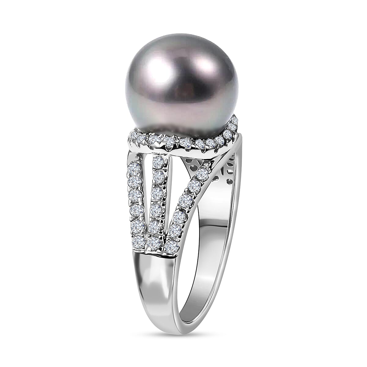 Tahitian Cultured Pearl Ring, White Zircon 1.35 ctw Accent Ring, Triple Split Shank Ring, Platinum Over Sterling Silver Ring, Pearl Jewelry
