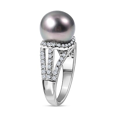 Tahitian Cultured Pearl Ring, White Zircon 1.35 ctw Accent Ring, Triple Split Shank Ring, Platinum Over Sterling Silver Ring, Pearl Jewelry