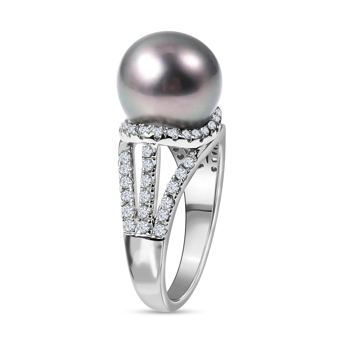 Tahitian Cultured Pearl Ring, White Zircon Accent Ring, Triple Split Shank Ring, Platinum Over Sterling Silver Ring, Pearl Jewelry 1.35 ctw image number 3