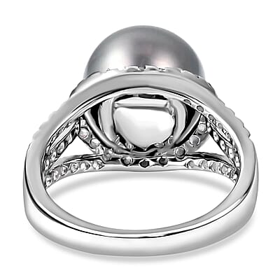 Tahitian Cultured Pearl Ring, White Zircon 1.35 ctw Accent Ring, Triple Split Shank Ring, Platinum Over Sterling Silver Ring, Pearl Jewelry