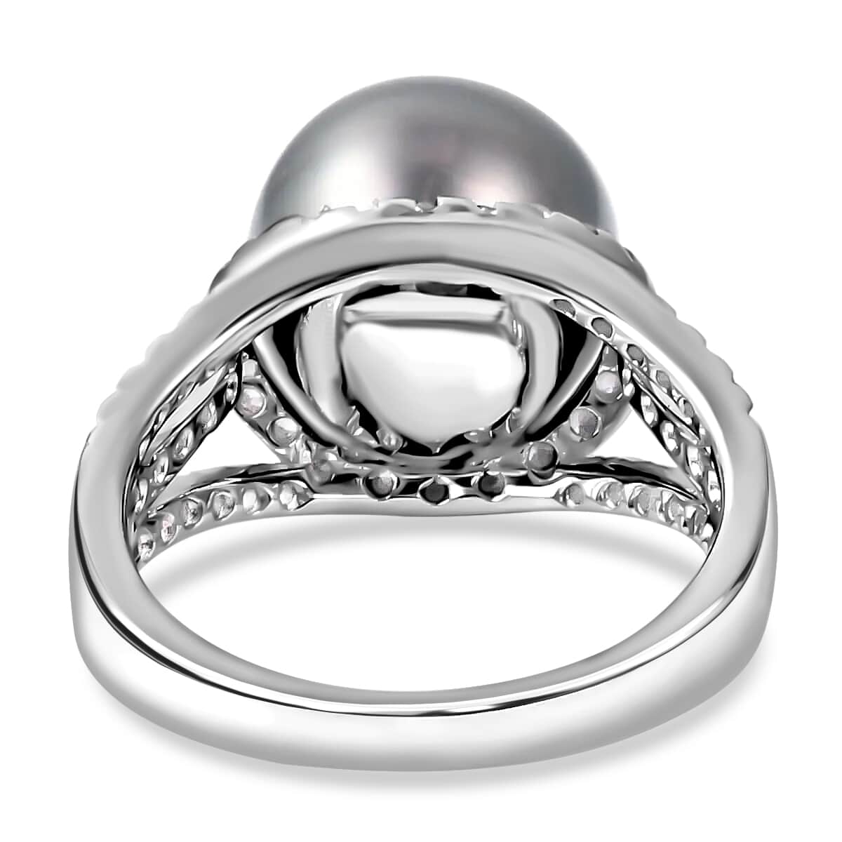 Tahitian Cultured Pearl and Natural White Zircon Triple Split Shank Ring in Platinum Over Sterling Silver 1.35 ctw image number 4