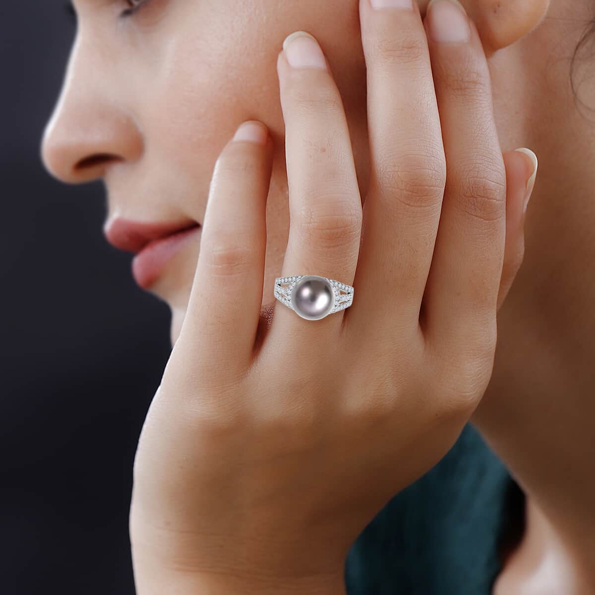 Tahitian Cultured Pearl and Natural White Zircon Triple Split Shank Ring in Platinum Over Sterling Silver 1.35 ctw image number 5