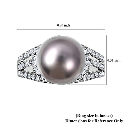 Tahitian Cultured Pearl Ring, White Zircon 1.35 ctw Accent Ring, Triple Split Shank Ring, Platinum Over Sterling Silver Ring, Pearl Jewelry