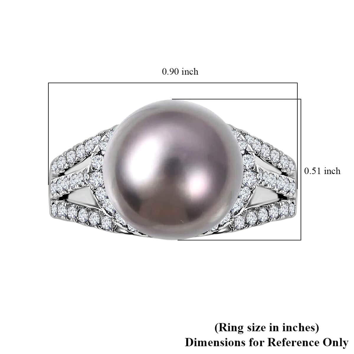 Tahitian Cultured Pearl Ring, White Zircon Accent Ring, Triple Split Shank Ring, Platinum Over Sterling Silver Ring, Pearl Jewelry 1.35 ctw (Size 10.0) image number 6