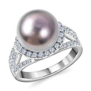 Tahitian Cultured Pearl Ring, White Zircon Accent Ring, Triple Split Shank Ring, Platinum Over Sterling Silver Ring, Pearl Jewelry 1.35 ctw (Size 6.0)