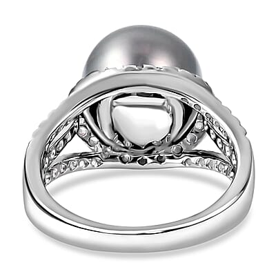 Tahitian Cultured Pearl Ring, White Zircon Accent Ring, Triple Split Shank Ring, Platinum Over Sterling Silver Ring, Pearl Jewelry 1.35 ctw