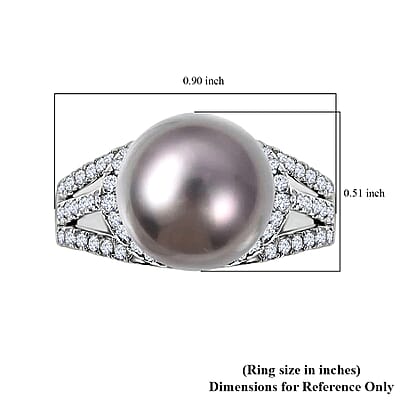Tahitian Cultured Pearl Ring, White Zircon Accent Ring, Triple Split Shank Ring, Platinum Over Sterling Silver Ring, Pearl Jewelry 1.35 ctw