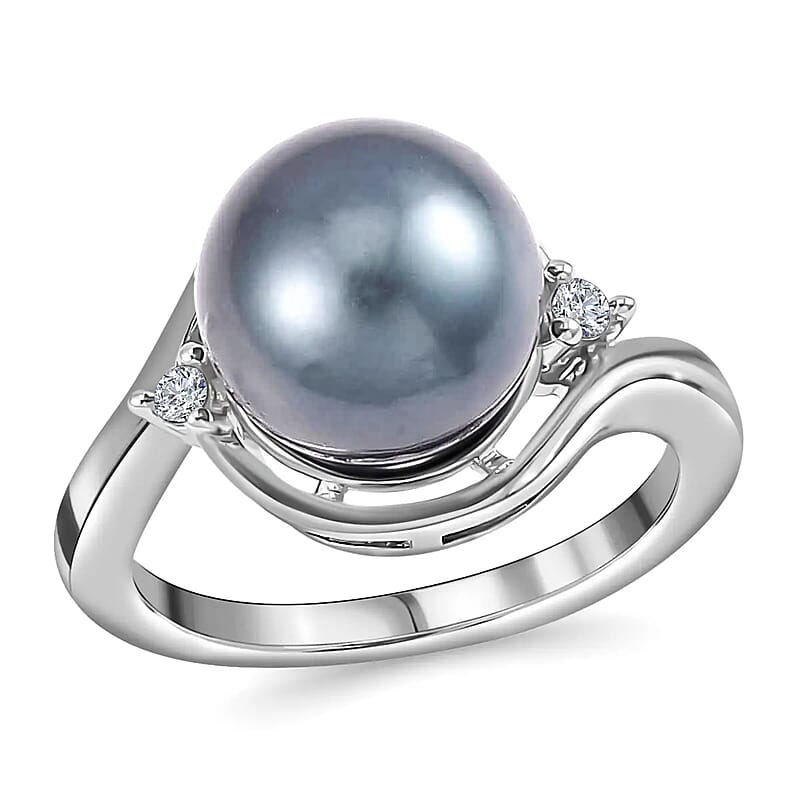 Tahitian Cultured Pearl Ring, White Zircon Accent Ring, Sterling Silver Ring, Pearl Jewelry 0.05 ctw