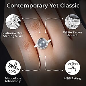 Tahitian Cultured Pearl Ring, White Zircon Accent Ring, Sterling Silver Ring, Pearl Jewelry 0.05 ctw