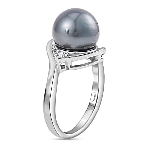 Tahitian Cultured Pearl Ring, White Zircon Accent Ring, Sterling Silver Ring, Pearl Jewelry 0.05 ctw