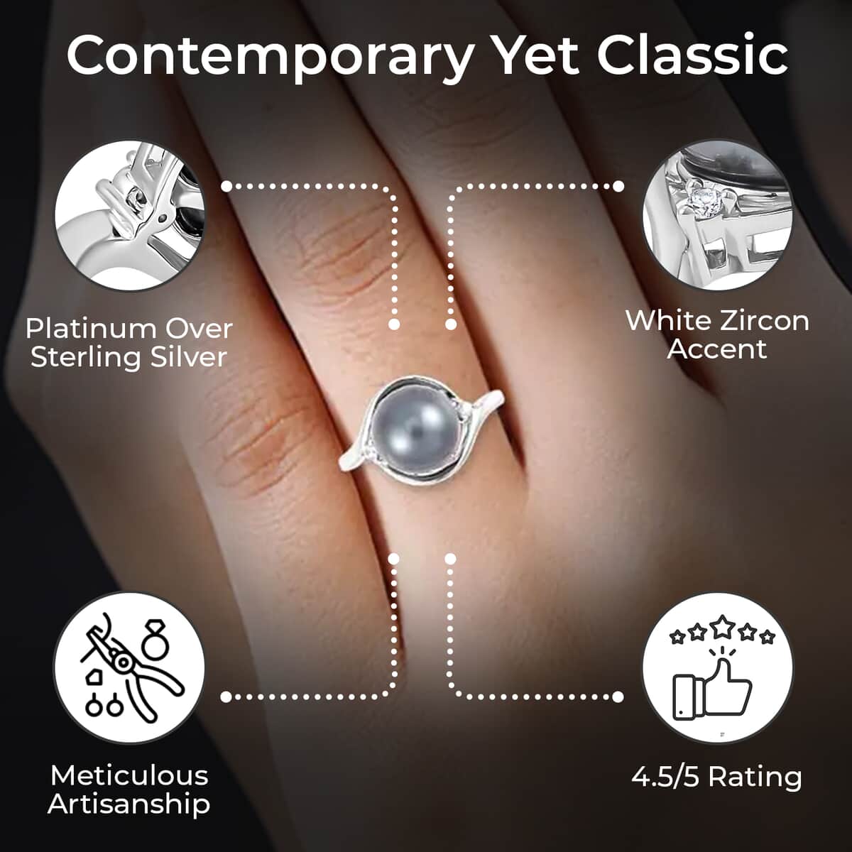 Tahitian Cultured Pearl Ring, White Zircon Accent Ring, Sterling Silver Ring, Pearl Jewelry 0.05 ctw (Size 11.0) image number 2