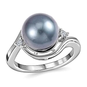 Tahitian Cultured Pearl Ring, White Zircon Accent Ring, Sterling Silver Ring, Pearl Jewelry 0.05 ctw