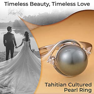 Tahitian Cultured Pearl Ring, White Zircon Accent Ring, Sterling Silver Ring, Pearl Jewelry 0.05 ctw