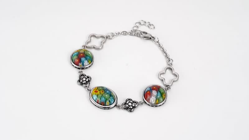 Multi Color Murano Style Bracelet in Black Oxidized Stainless Steel (7.50-8.50In)