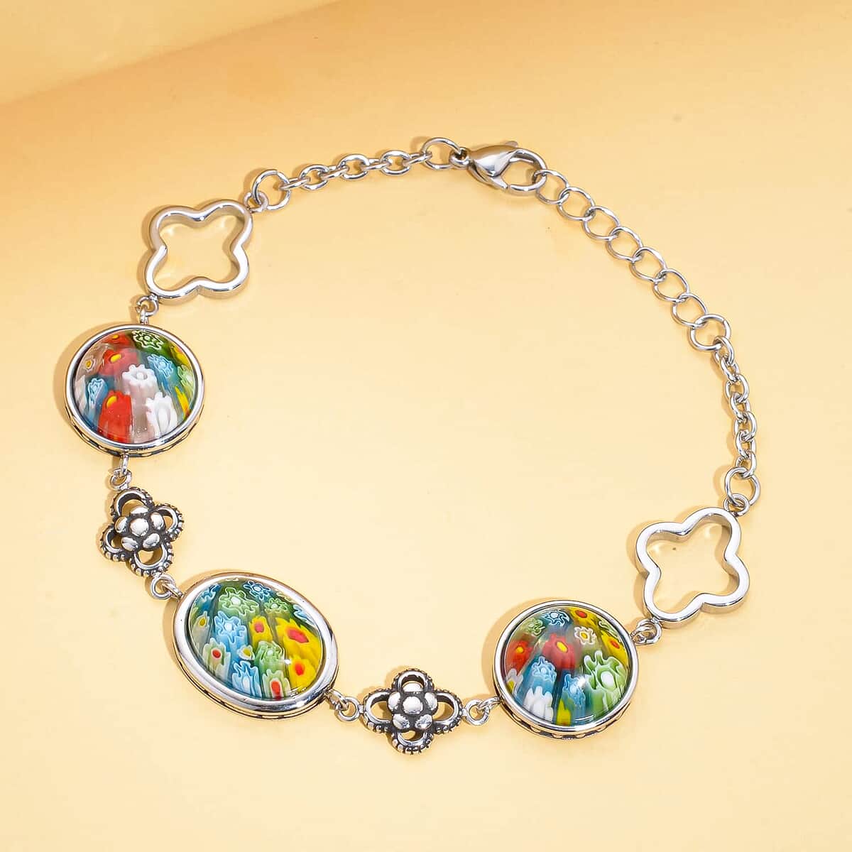 Multi Color Murano Style Bracelet in Black Oxidized Stainless Steel (7.50-8.50In) image number 1