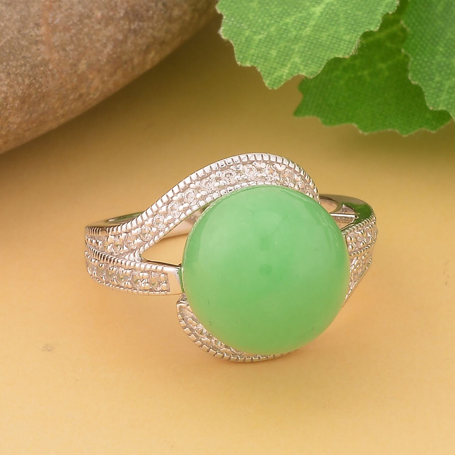 Green Jade (D) and White Zircon Ring in Sterling Silver (Size 10.0) 16.15 ctw