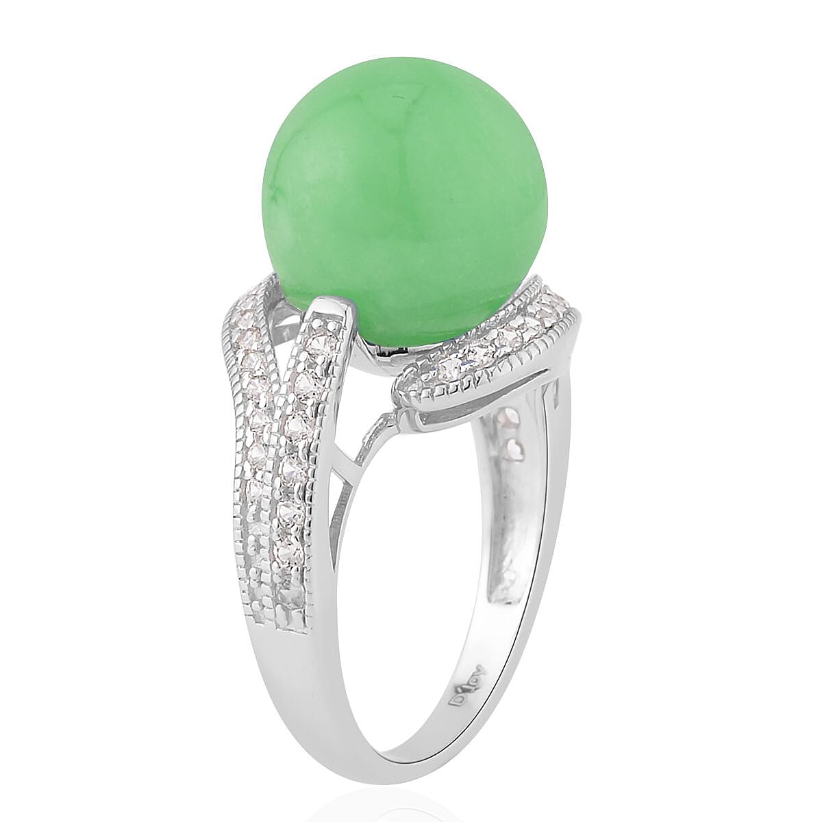 Green Jade (D) and White Zircon Ring in Sterling Silver 16.15 ctw image number 3