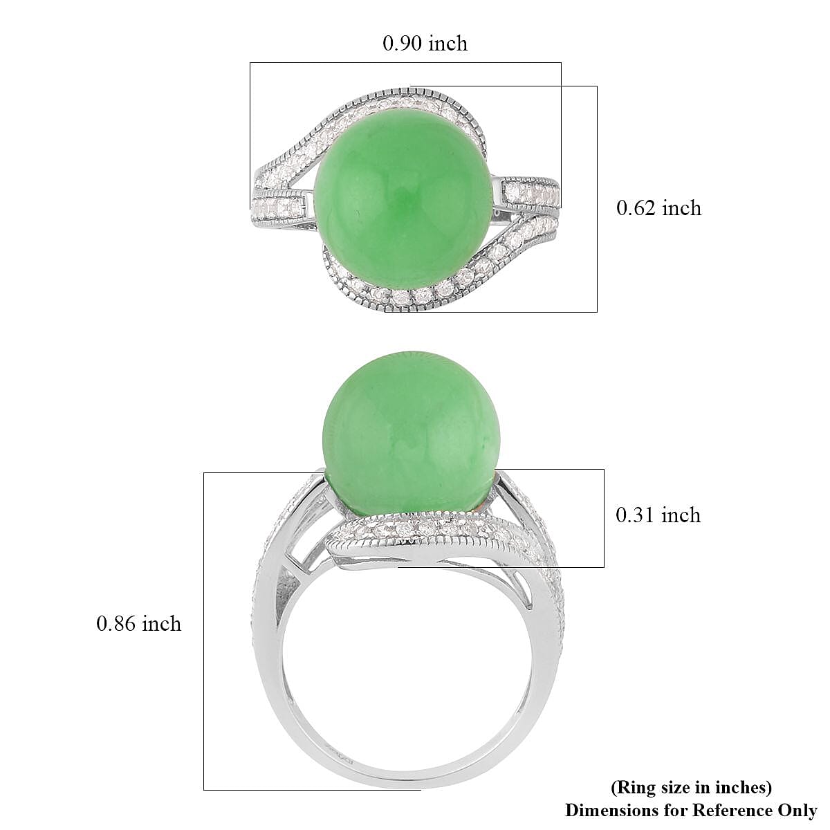 Green Jade (D) and White Zircon Ring in Sterling Silver (Size 10.0) 16.15 ctw
