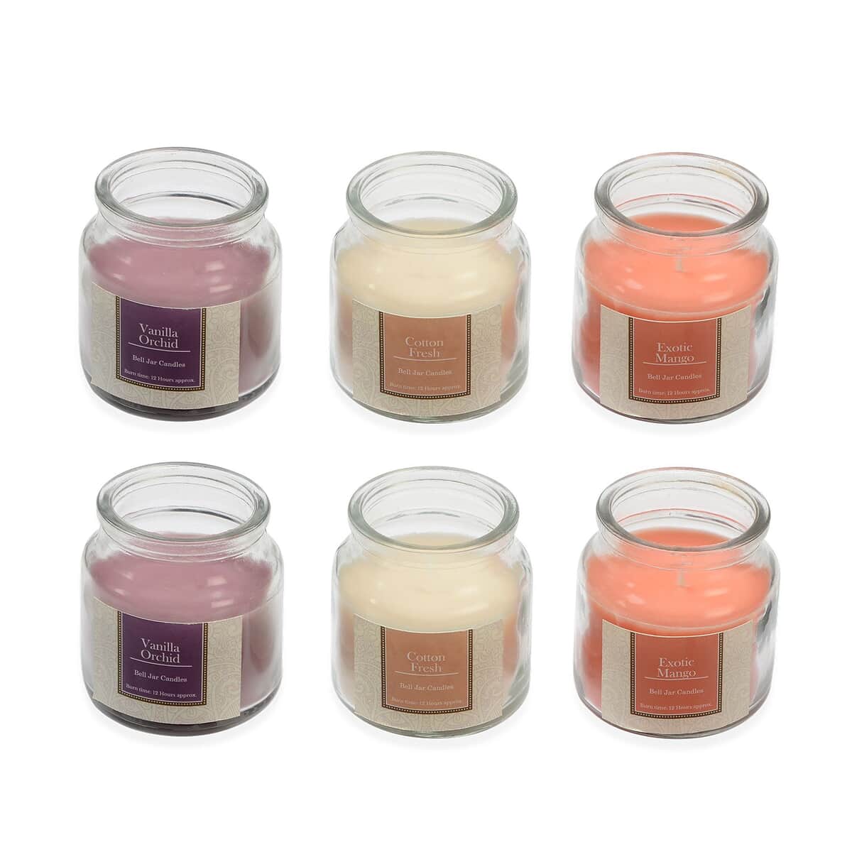 Set of 6 Bell Jar Wick Scented Candles, Reusable Mood Enhancing Candle Jars Gift Set (Scents: Exotic Mango, Vanilla Orchid, and Cotton Fresh) image number 0