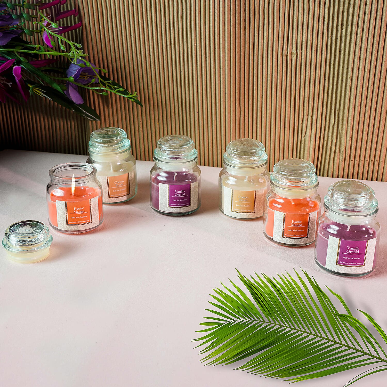 Set of 6 Bell Jar Wick Scented Candles, Reusable Mood Enhancing Candle Jars Gift Set (Scents: Exotic Mango, Vanilla Orchid, and Cotton Fresh)