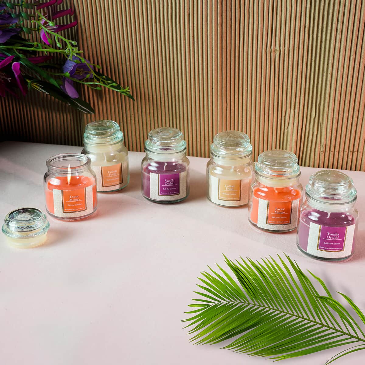 Set of 6 Bell Jar Wick Scented Candles, Reusable Mood Enhancing Candle Jars Gift Set (Scents: Exotic Mango, Vanilla Orchid, and Cotton Fresh) image number 1