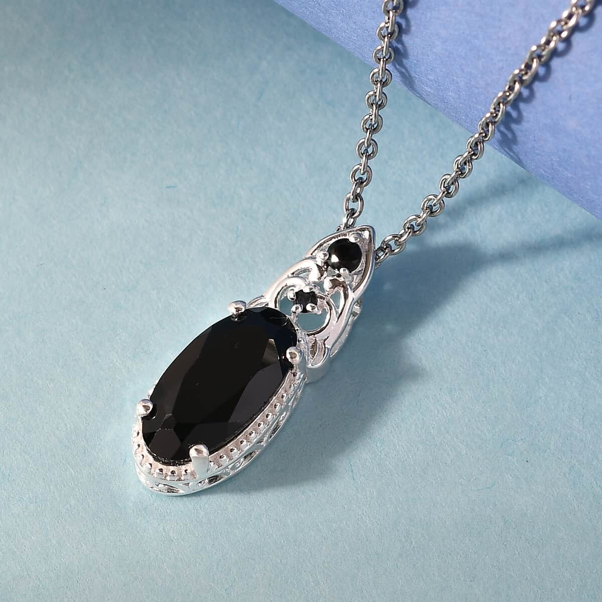 Thai Black Spinel Magnetic Clasp Pendant in Sterling Silver and Stainless Steel Necklace 20 Inches 4.85 ctw image number 1