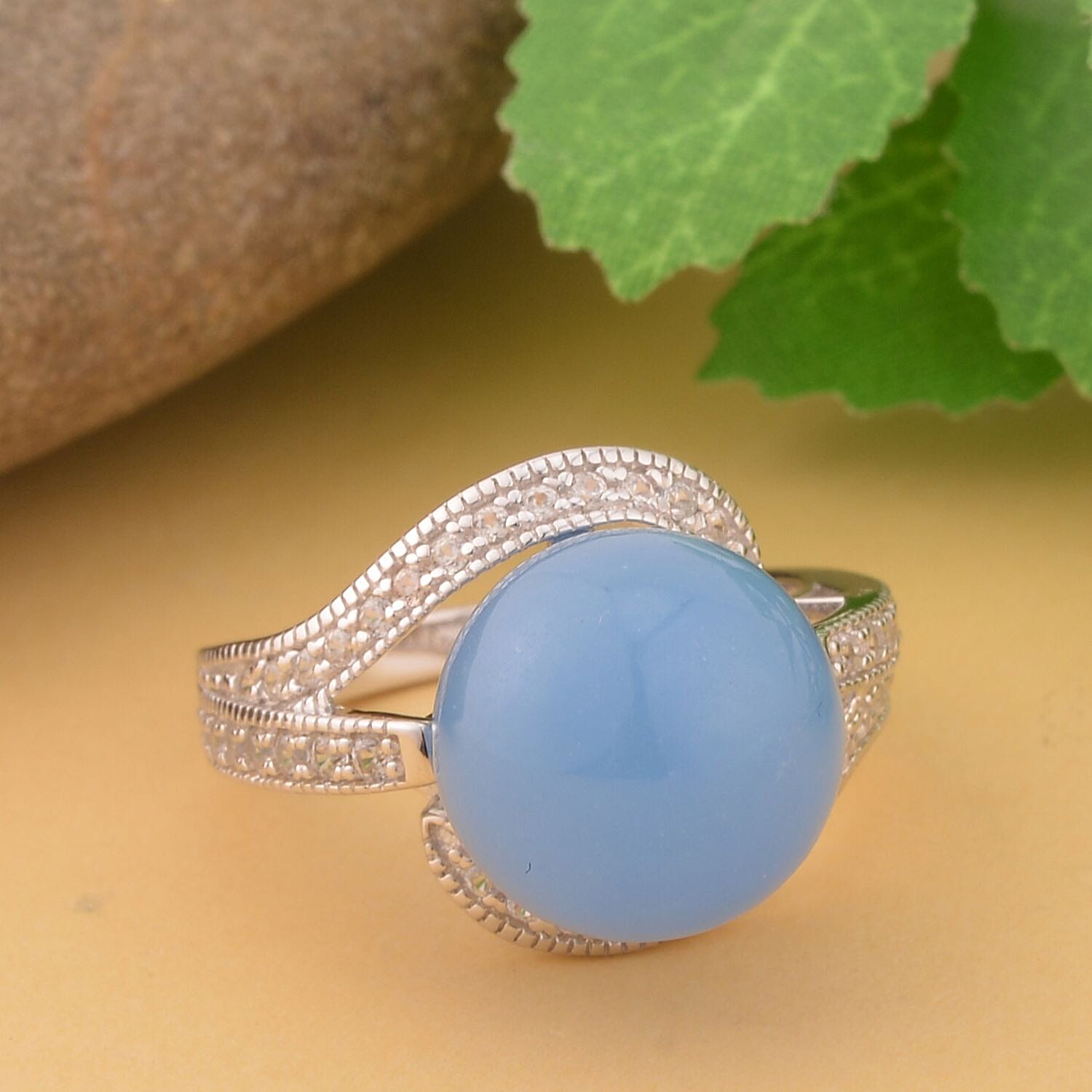 Blue Jade (D) and White Zircon Ring in Sterling Silver (Size 10.0) 16.40 ctw