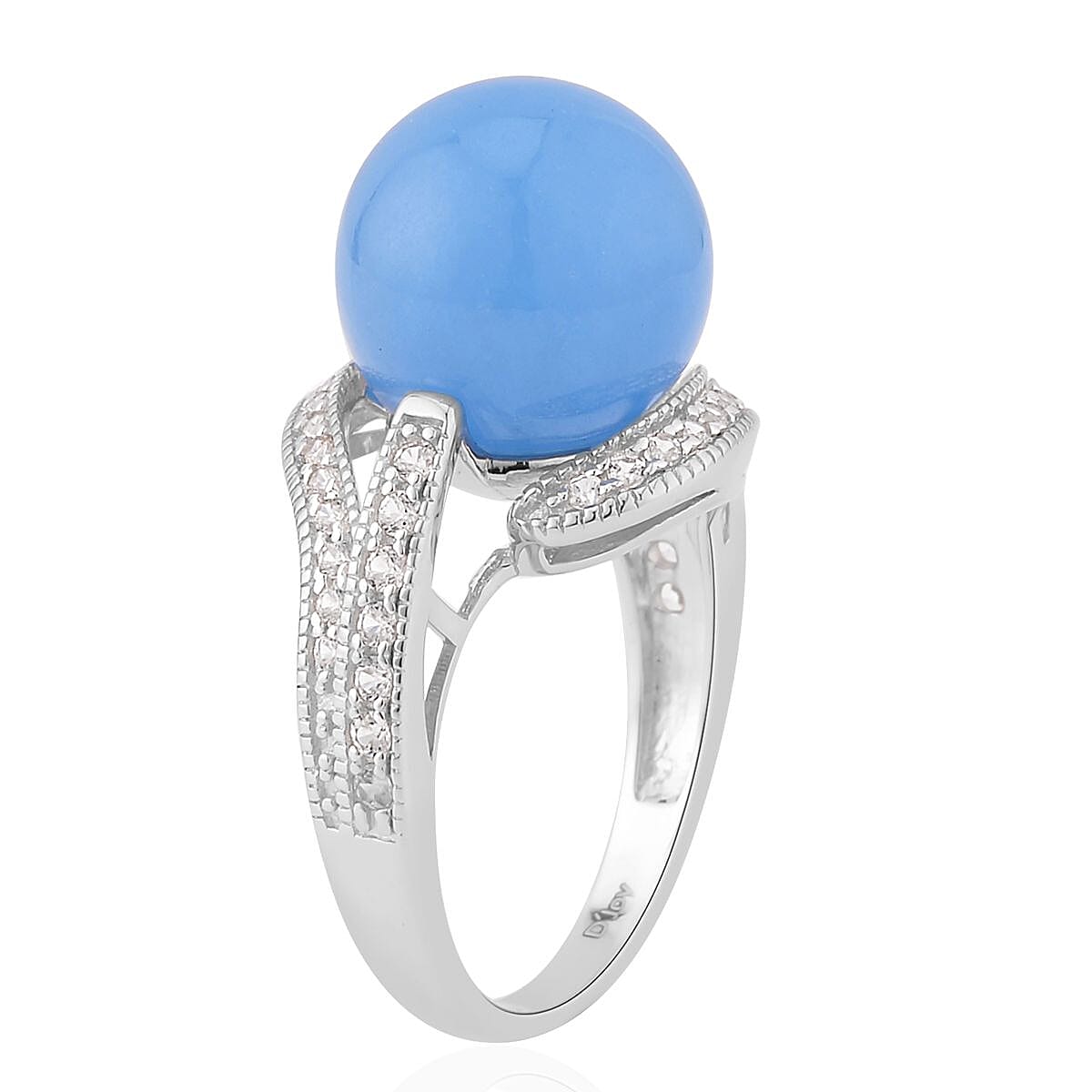 Blue Jade (D) and White Zircon Ring in Sterling Silver (Size 10.0) 16.40 ctw