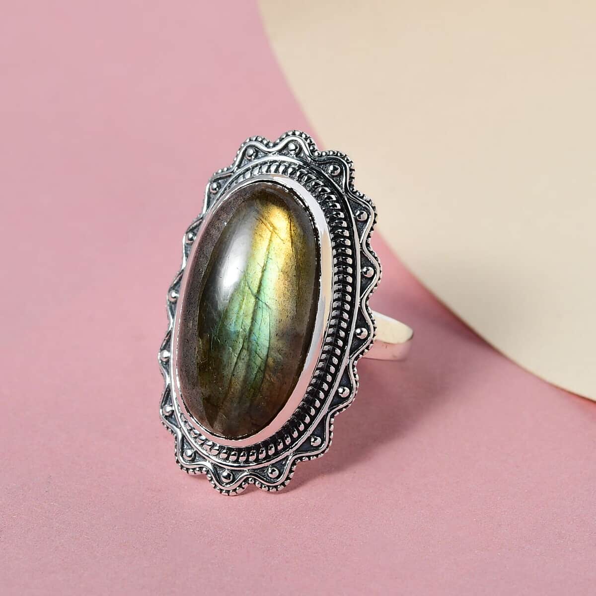 Artisan Crafted Malagasy Labradorite Elongated Ring in Sterling Silver (Size 6.0) 10.85 ctw image number 1