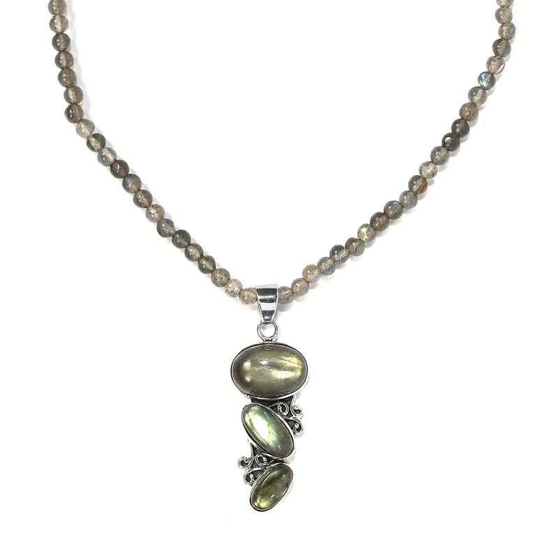 Malagasy Labradorite Bead Necklace in Sterling Silver, Labradorite Pendant, Silver Jewelry Gifts 53.85 ctw (20 Inches)