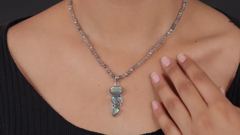 Malagasy Labradorite Bead Necklace in Sterling Silver, Labradorite Pendant, Silver Jewelry Gifts 53.85 ctw (20 Inches)