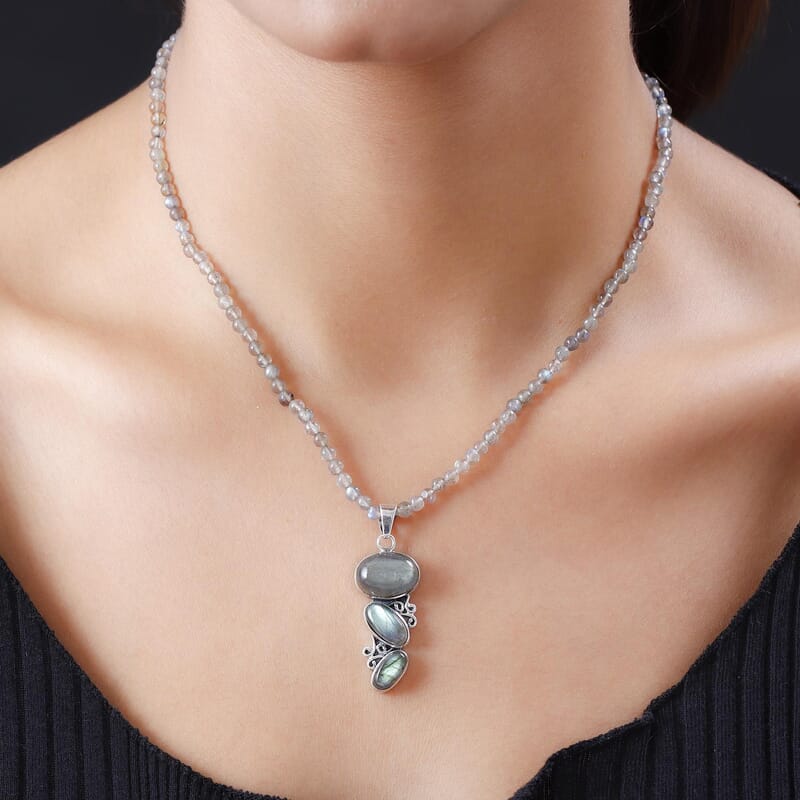 Malagasy Labradorite Bead Necklace in Sterling Silver, Labradorite Pendant, Silver Jewelry Gifts 53.85 ctw (20 Inches)