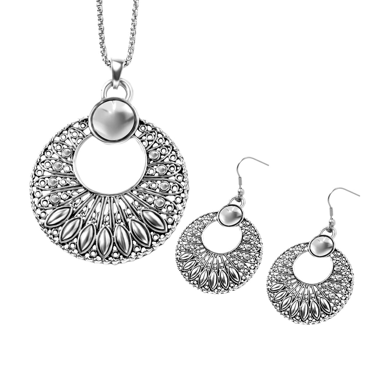 Earrings and Pendant Necklace 30 Inches in Silvertone image number 0