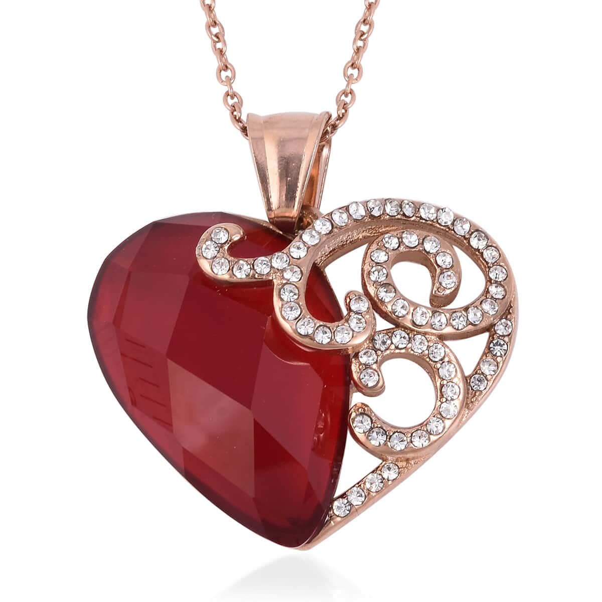 Simulated Ruby and Austrian Crystal Heart Pendant Necklace 20 Inches in ION Plated Rose Gold Stainless Steel image number 0