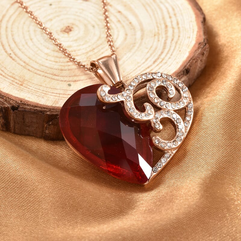 Simulated Ruby and Austrian Crystal Heart Pendant Necklace 20 Inches in ION Plated Rose Gold Stainless Steel