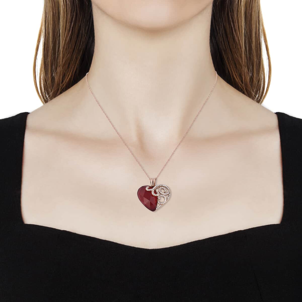 Simulated Ruby and Austrian Crystal Heart Pendant Necklace 20 Inches in ION Plated Rose Gold Stainless Steel image number 2