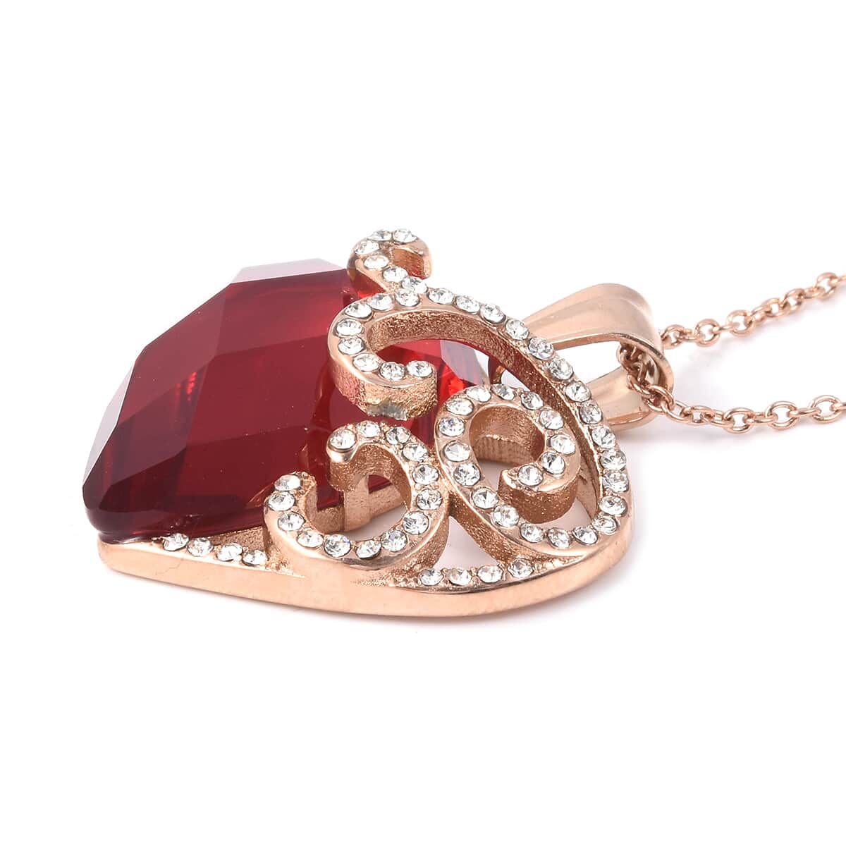 Simulated Ruby and Austrian Crystal Heart Pendant Necklace 20 Inches in ION Plated Rose Gold Stainless Steel image number 3
