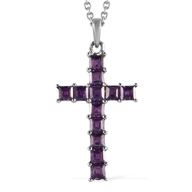 Bolivian Amethyst 1.75 ctw Cross Pendant Necklace in Stainless Steel 20 Inches