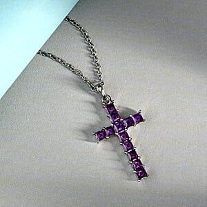 Bolivian Amethyst 1.75 ctw Cross Pendant Necklace in Stainless Steel 20 Inches