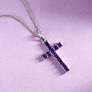 Bolivian Amethyst 1.75 ctw Cross Pendant Necklace in Stainless Steel 20 Inches