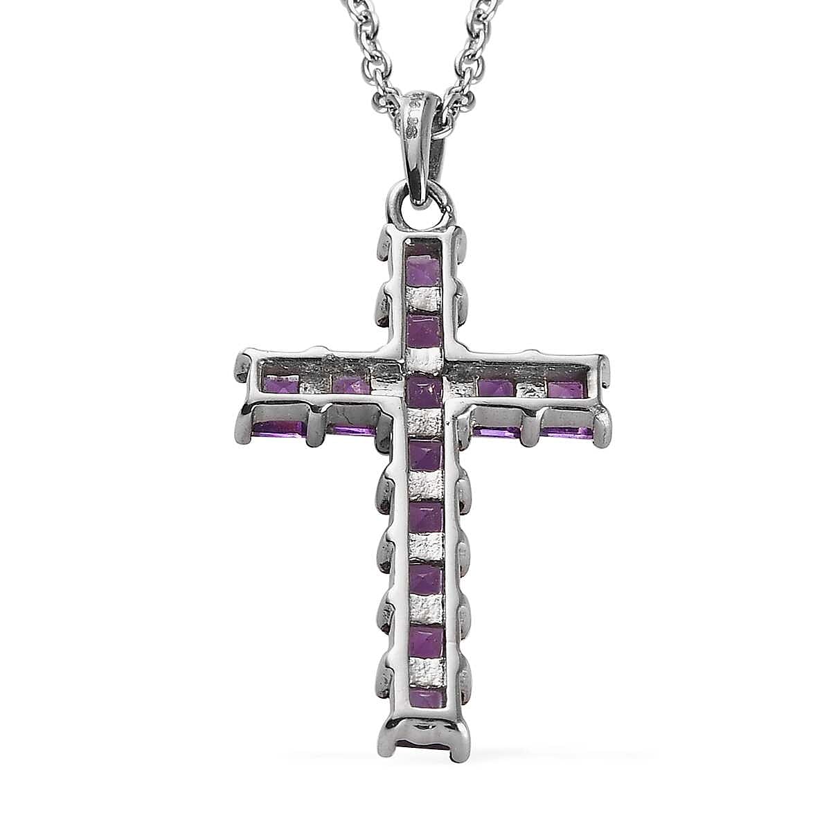 Bolivian Amethyst 1.75 ctw Cross Pendant Necklace in Stainless Steel 20 Inches