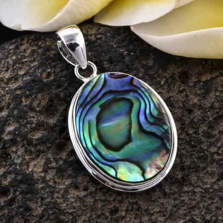 Abalone Shell Solitaire Pendant, Abalone Shell Pendant, Sterling Silver Pendant image number 1